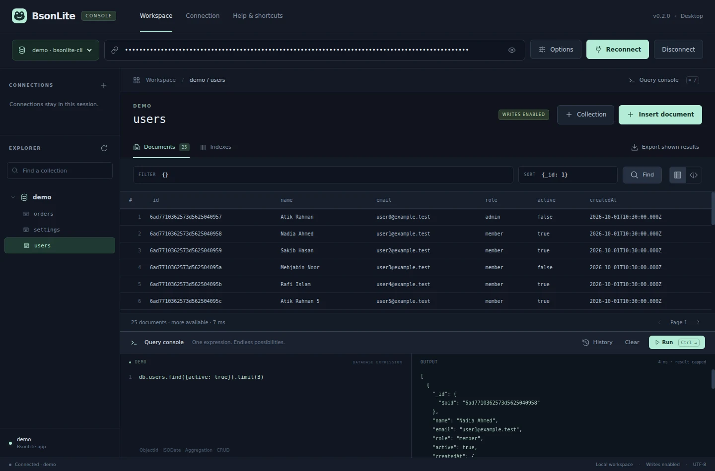 BsonLite Console displaying collections, documents, and its query console with demo data